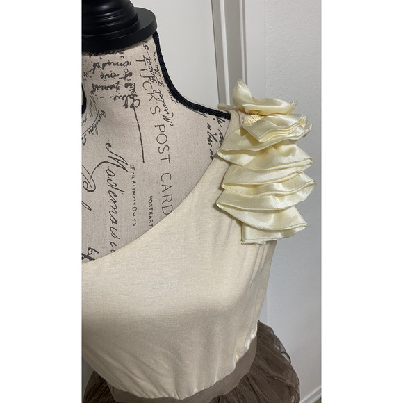 Windsor Dress Womens Large Cream Brown One Shoulder Ruffle Tulle Party Y2K - Picture 3 of 14